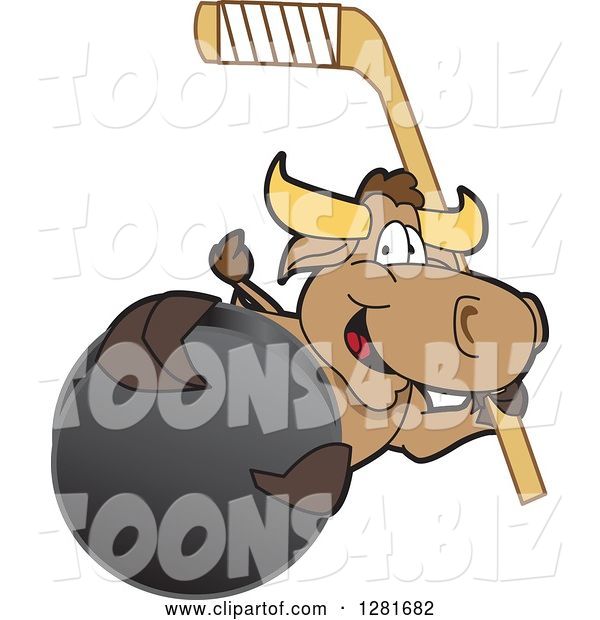 Vector Illustration of a Cartoon School Bull Mascot Holding an Ice Hockey Stick and Puck