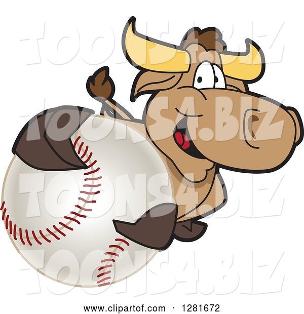 Vector Illustration of a Cartoon School Bull Mascot Holding up or Catching a Baseball