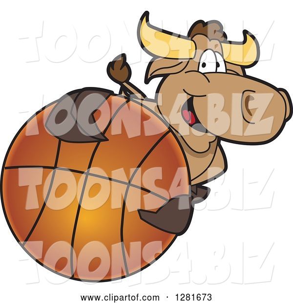 Vector Illustration of a Cartoon School Bull Mascot Holding up or Catching a Basketball
