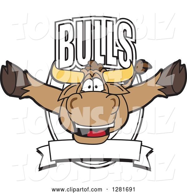 Vector Illustration of a Cartoon School Bull Mascot Leaping out of a Shield and Banner