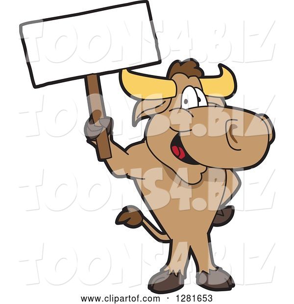 Vector Illustration of a Cartoon School Bull Mascot Standing and Holding a Blank Sign