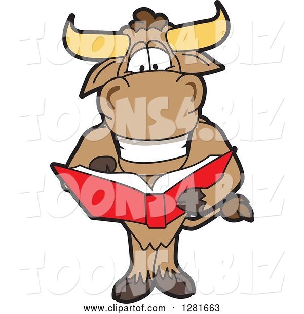 Vector Illustration of a Cartoon School Bull Mascot Standing and Reading a Book