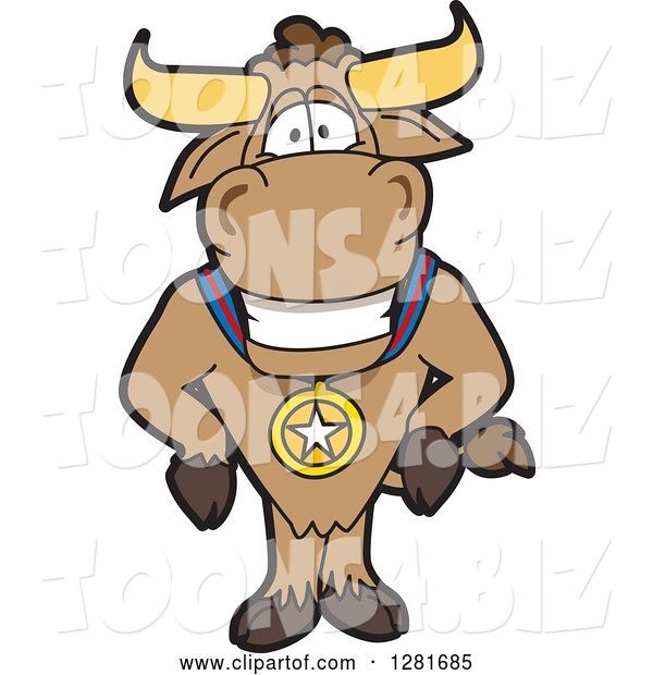 Vector Illustration of a Cartoon School Bull Mascot Standing and Wearing a Sports Medal