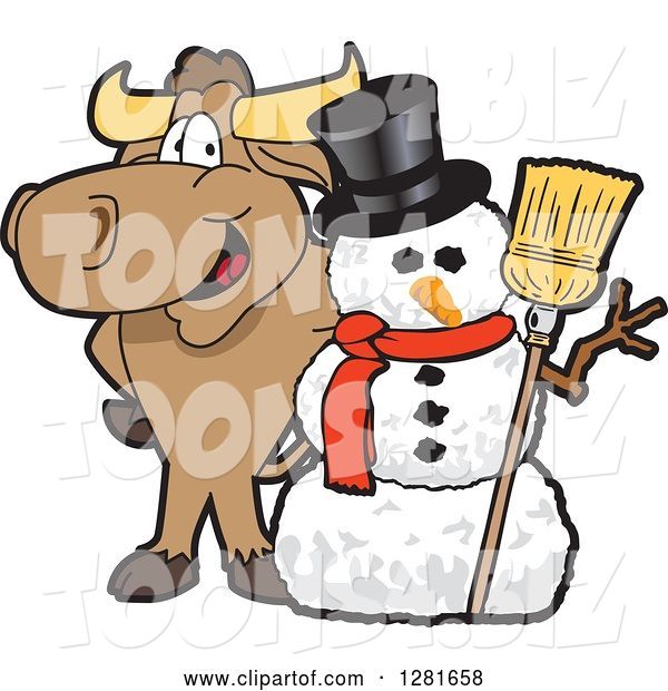 Vector Illustration of a Cartoon School Bull Mascot Standing with a Christmas Snowman