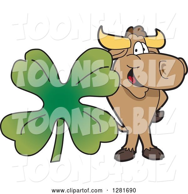 Vector Illustration of a Cartoon School Bull Mascot Standing with a Giant Four Leaf St Patricks Day Clover Shamrock
