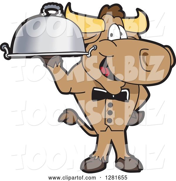 Vector Illustration of a Cartoon School Bull Mascot Waiter Standing with a Cloche Platter