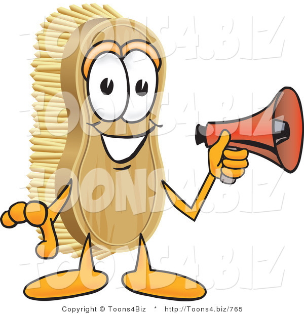 Vector Illustration of a Cartoon Scrub Brush Mascot Holding a Red Megaphone Bullhorn
