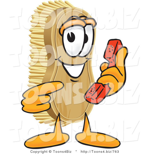 Vector Illustration of a Cartoon Scrub Brush Mascot Holding and Pointing to a Red Phone