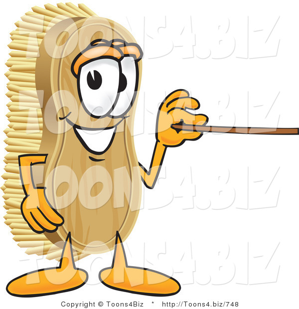 Vector Illustration of a Cartoon Scrub Brush Mascot Using a Pointer Stick to Point to the Right