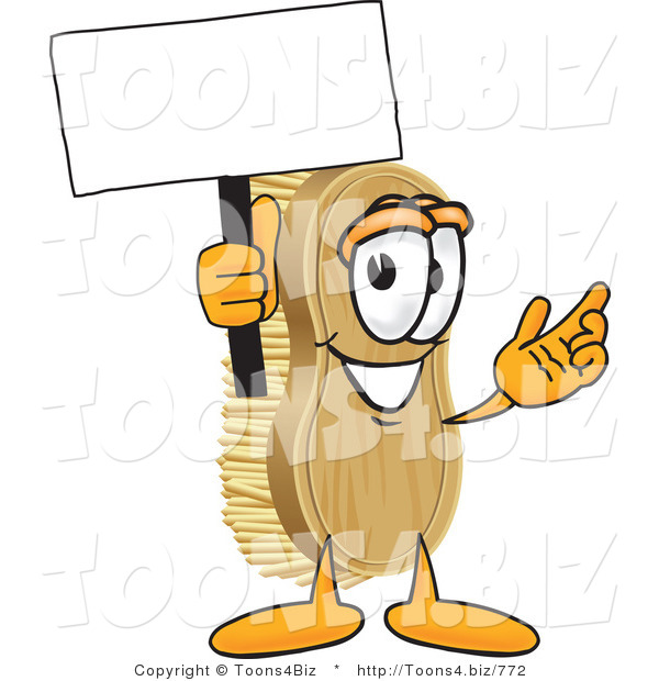 Vector Illustration of a Cartoon Scrub Brush Mascot Waving a Blank White Advertising Sign