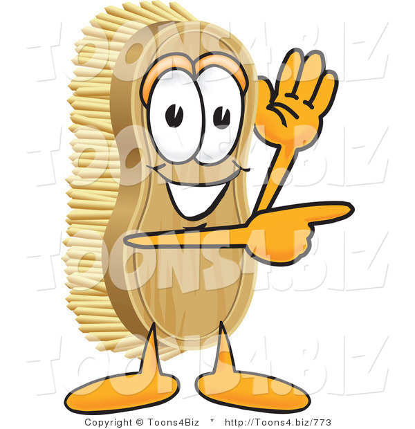 Vector Illustration of a Cartoon Scrub Brush Mascot Waving and Pointing to the Right