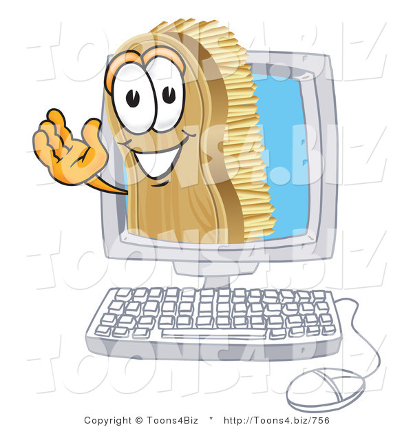 Vector Illustration of a Cartoon Scrub Brush Mascot Waving from Inside a Computer Screen