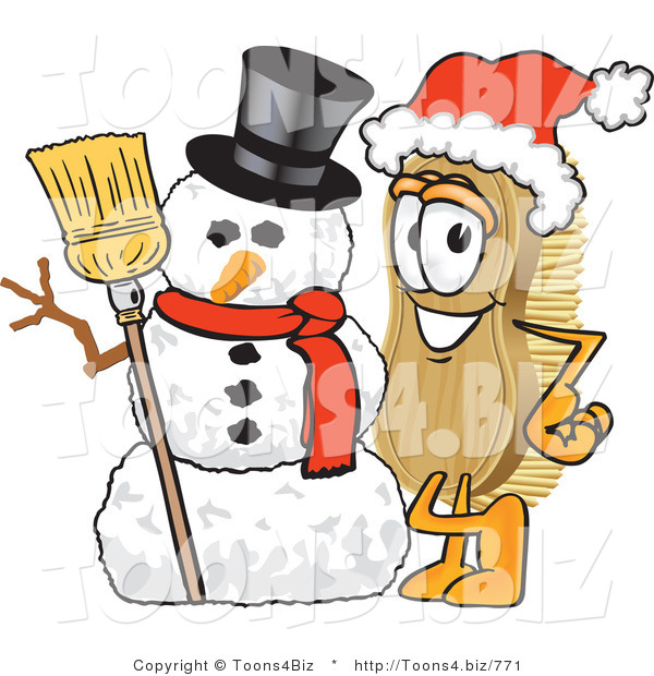 Vector Illustration of a Cartoon Scrub Brush Mascot Wearing a Santa Hat and Standing with a Snowman