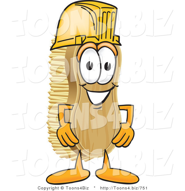 Vector Illustration of a Cartoon Scrub Brush Mascot Wearing a Yellow Hardhat Helmet