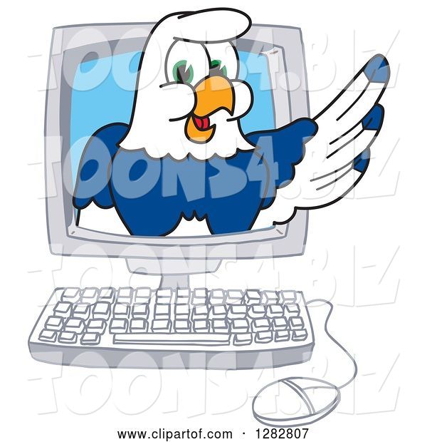 Vector Illustration of a Cartoon Seahawk Mascot Emerging from a Desktop Computer Screen