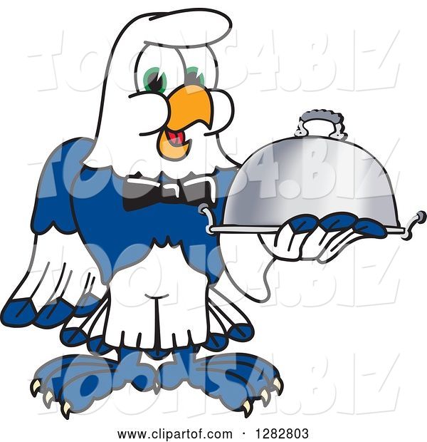 Vector Illustration of a Cartoon Seahawk Mascot Waiter Holding a Cloche Platter
