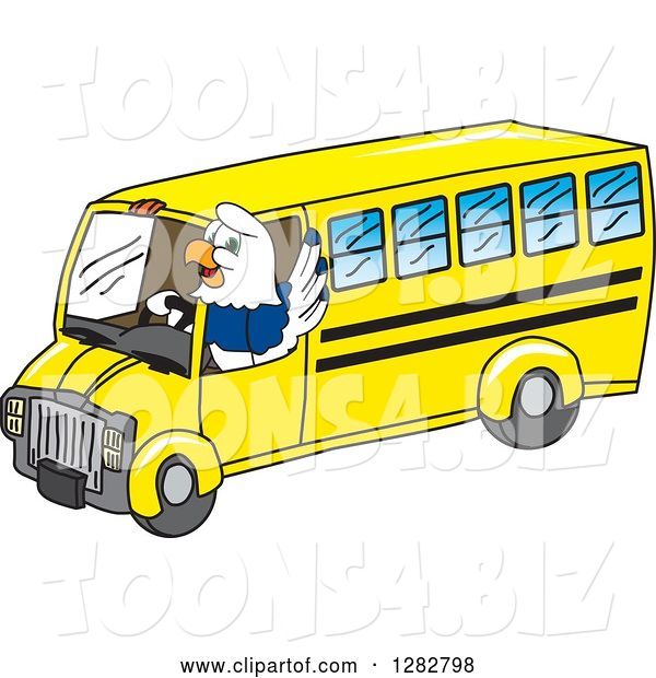 Vector Illustration of a Cartoon Seahawk Mascot Waving and Driving a Bus