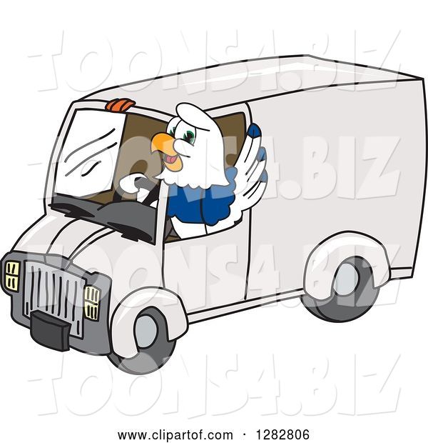 Vector Illustration of a Cartoon Seahawk Mascot Waving and Driving a Delivery Van