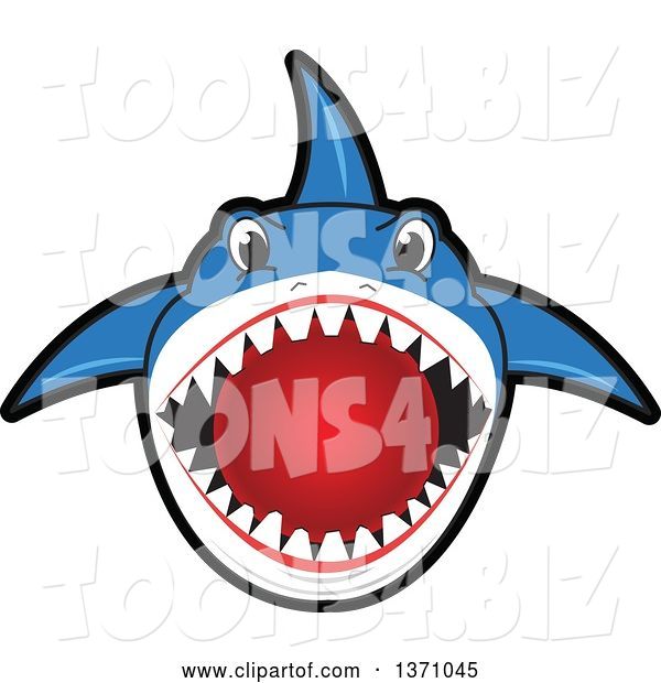 Vector Illustration of a Cartoon Shark School Mascot Biting a Dodgeball