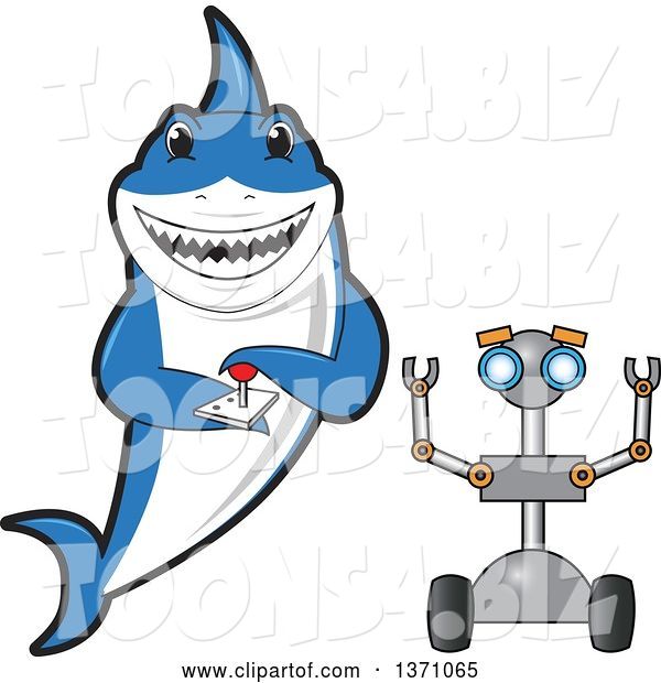 Vector Illustration of a Cartoon Shark School Mascot Controlling a Robot