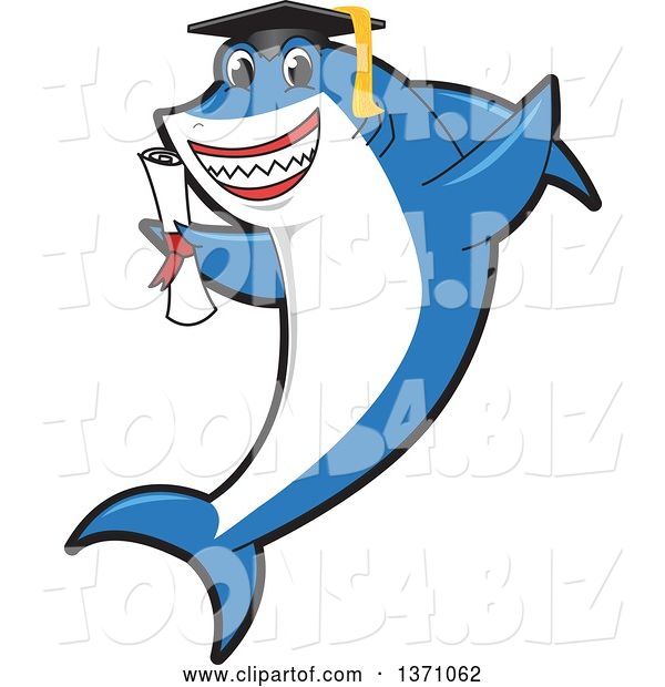 Vector Illustration of a Cartoon Shark School Mascot Graduate Holding a Diploma