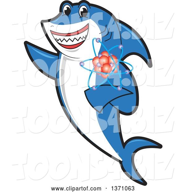 Vector Illustration of a Cartoon Shark School Mascot Holding an Atom