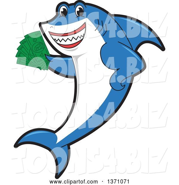 Vector Illustration of a Cartoon Shark School Mascot Holding Cash Money