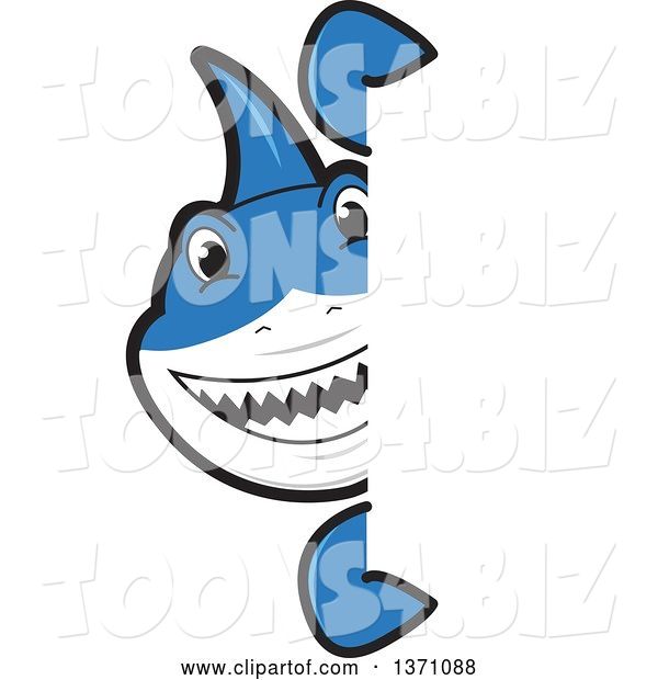 Vector Illustration of a Cartoon Shark School Mascot Looking Around a Sign