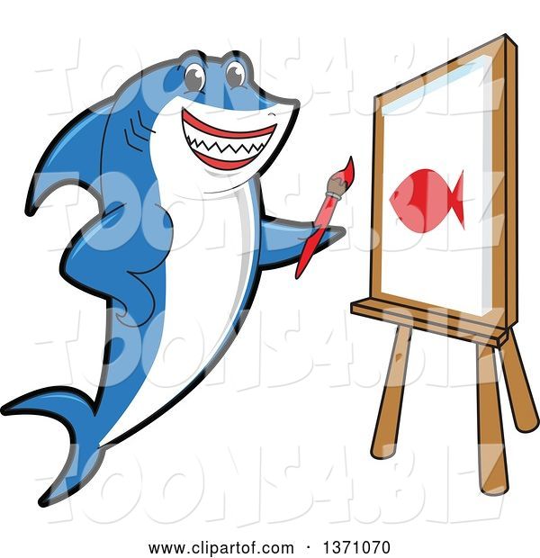 Vector Illustration of a Cartoon Shark School Mascot Painting a Fish on Canvas