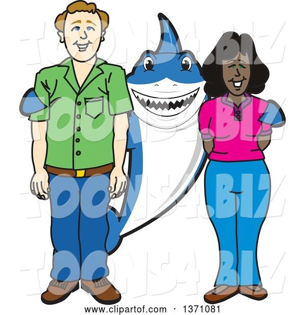 Vector Illustration of a Cartoon Shark School Mascot Standing with Student Parents