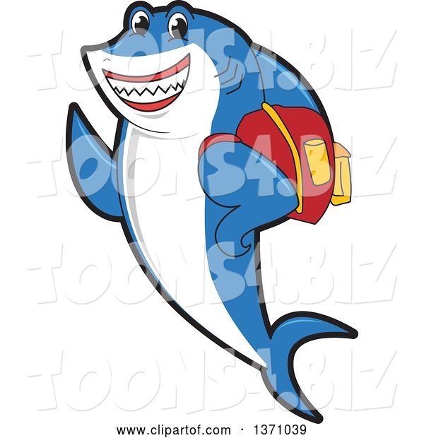 Vector Illustration of a Cartoon Shark School Mascot Student Wearing a Backpack