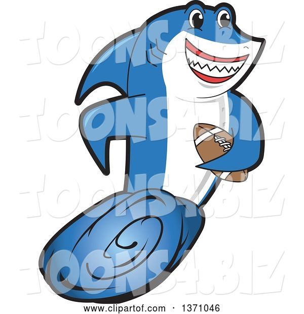 Vector Illustration of a Cartoon Shark School Mascot Swimming with an American Football