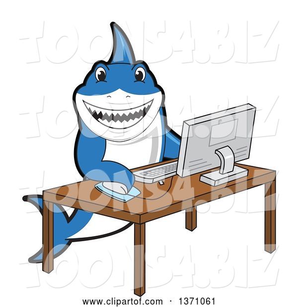 Vector Illustration of a Cartoon Shark School Mascot Using a Desktop Computer