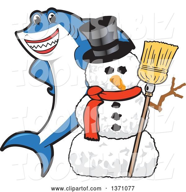 Vector Illustration of a Cartoon Shark School Mascot with a Christmas Snowman