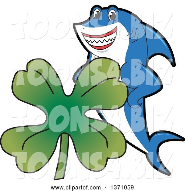 Vector Illustration of a Cartoon Shark School Mascot with a St Patricks Day Four Leaf Clover