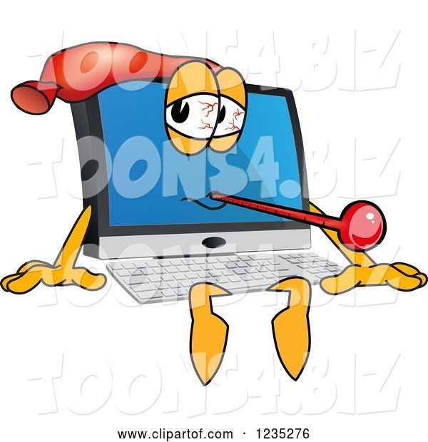 Vector Illustration of a Cartoon Sick PC Computer Mascot with a Head Pack and Thermometer