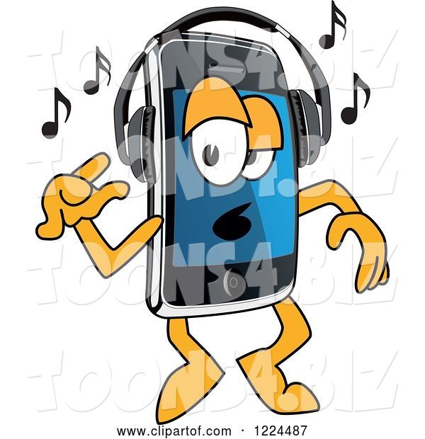 Vector Illustration of a Cartoon Smart Phone Mascot Dancing and Listening to Music