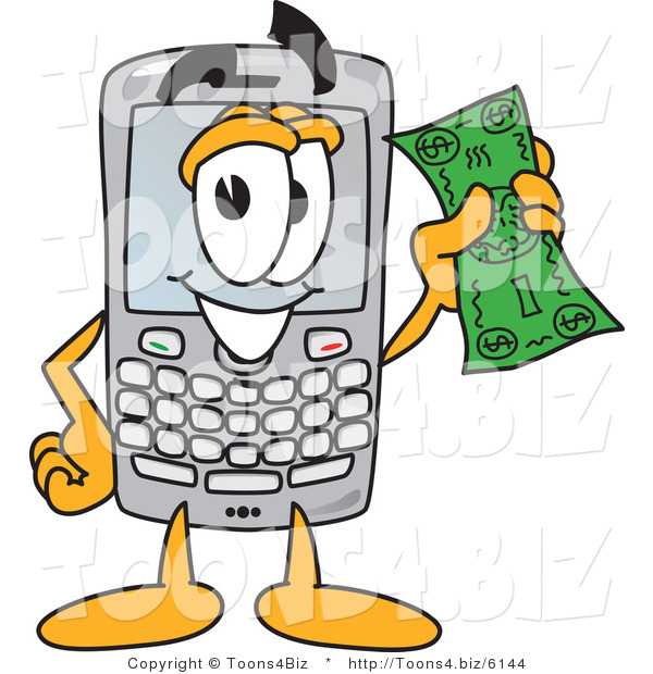 Vector Illustration of a Cartoon Smart Phone Mascot Holding a Bank Note