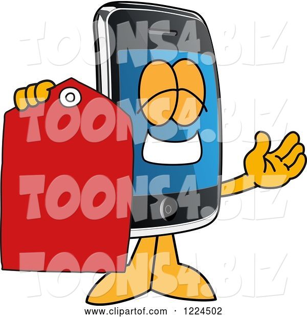 Vector Illustration of a Cartoon Smart Phone Mascot Holding a Clearance Tag