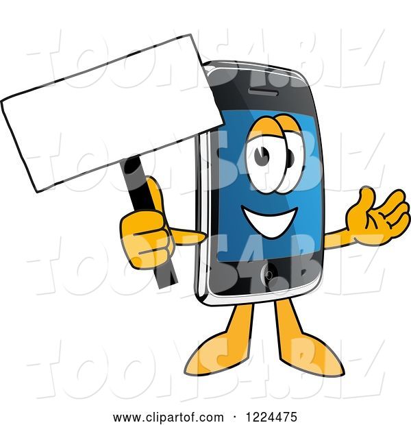 Vector Illustration of a Cartoon Smart Phone Mascot Holding a Sign