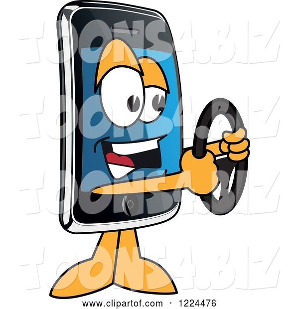 Vector Illustration of a Cartoon Smart Phone Mascot Holding a Steering Wheel