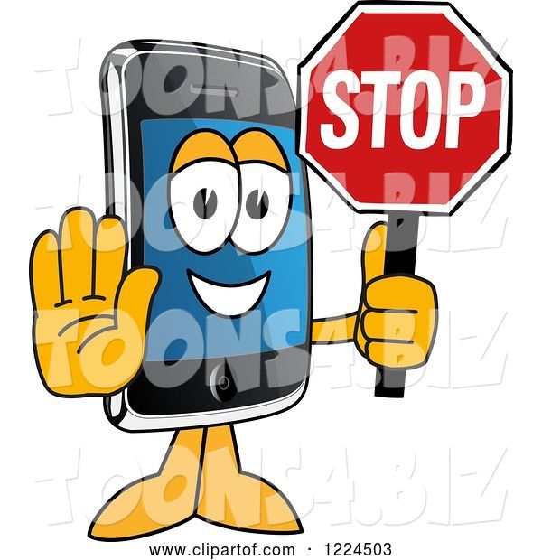 Vector Illustration of a Cartoon Smart Phone Mascot Holding a Stop Sign