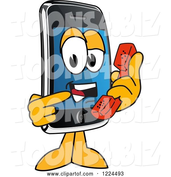 Vector Illustration of a Cartoon Smart Phone Mascot Holding a Telephone