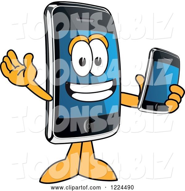 Vector Illustration of a Cartoon Smart Phone Mascot Holding Another Telephone