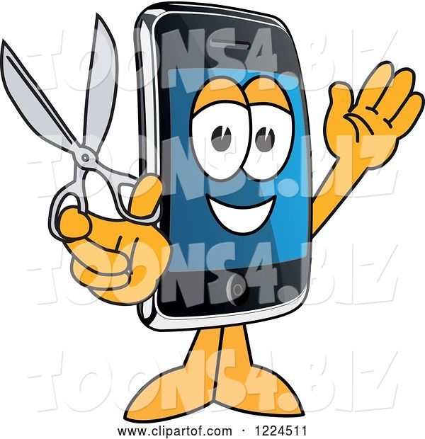 Vector Illustration of a Cartoon Smart Phone Mascot Holding Scissors