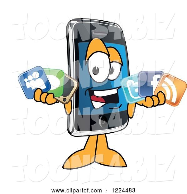Vector Illustration of a Cartoon Smart Phone Mascot Holding Social Media Icons