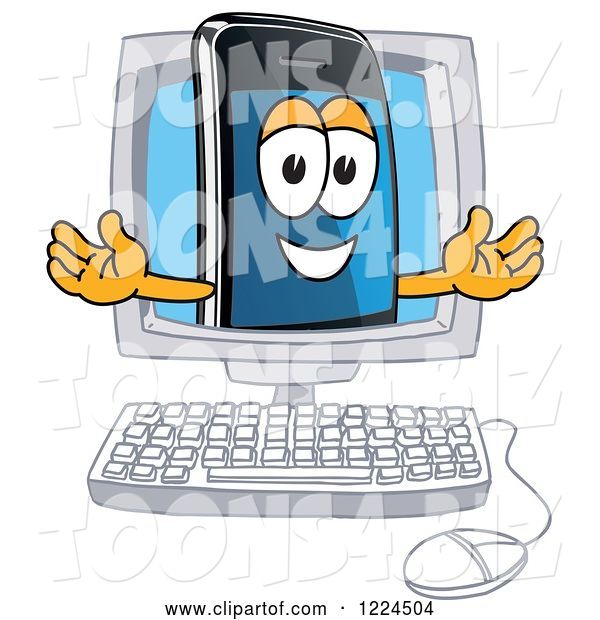 Vector Illustration of a Cartoon Smart Phone Mascot in a Computer Screen