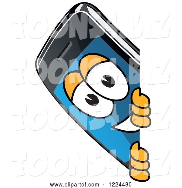 Vector Illustration of a Cartoon Smart Phone Mascot Looking Around a Sign