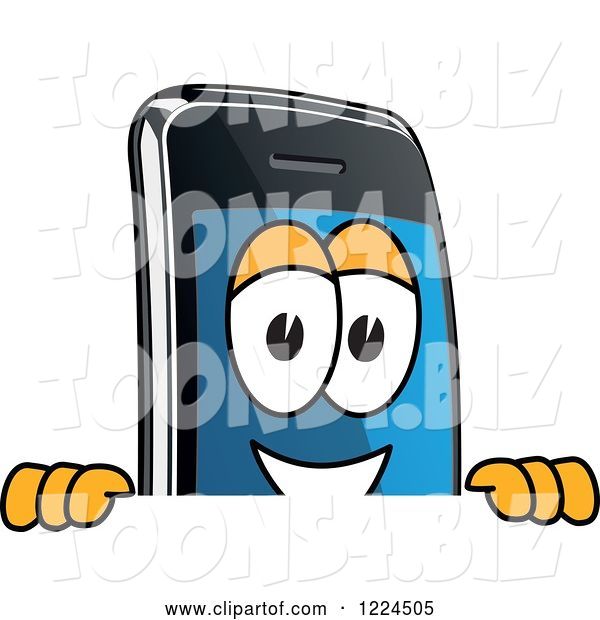 Vector Illustration of a Cartoon Smart Phone Mascot Looking over a Sign