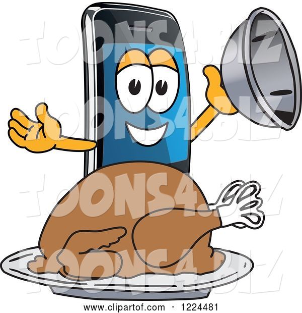 Vector Illustration of a Cartoon Smart Phone Mascot Serving a Roasted Thanksgiving Turkey